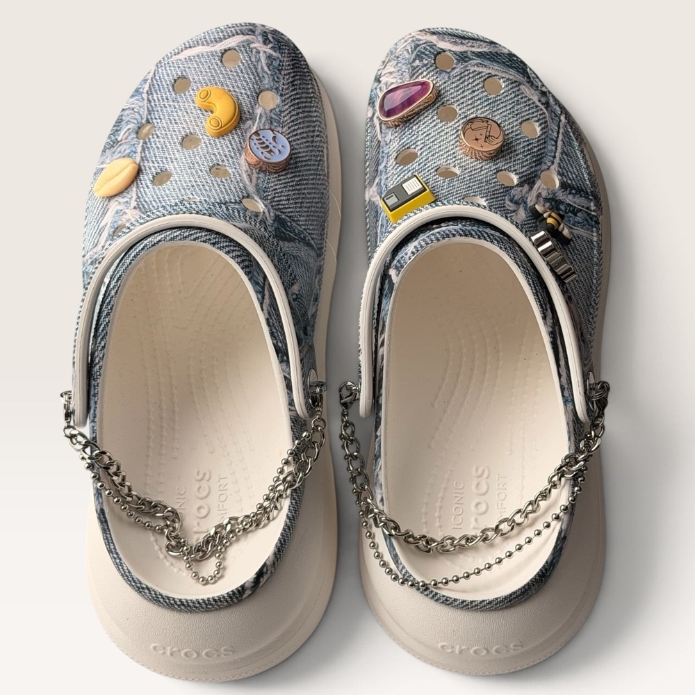 Crocs SZA x Classic Mega Crush Distressed Denim Chain Charm Clogs W8 M6 NWT